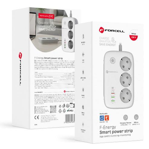 Listwa sieciowa Forcell F-Energy 3 gniazda + USB C 30W + 3 x USB A QC3.0 PD + WiFi Tuya, SmartLife 10A 2500W VT-PS03 biała 0INT