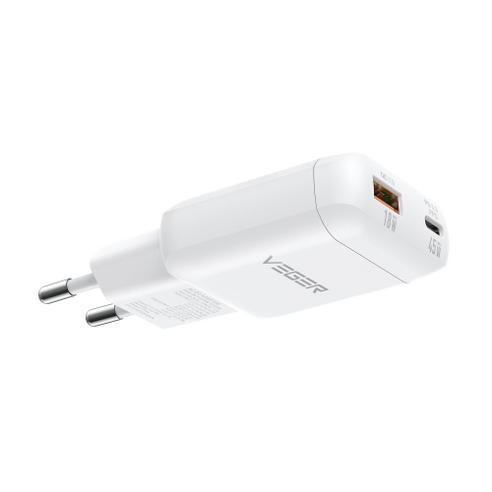 Ładowarka sieciowa do telefonu VEGER USB A + Typ C PD 45W + kabel Typ C do C 100W TR121 biała