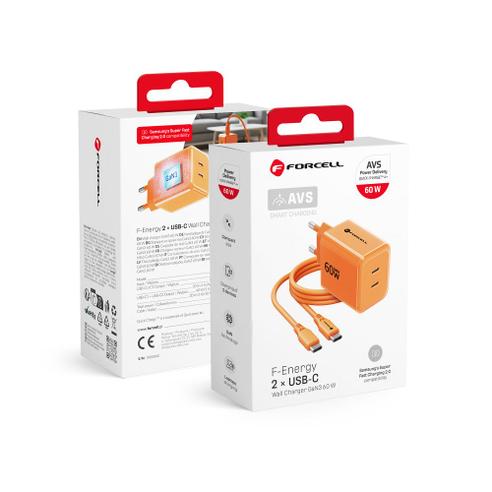 Ładowarka sieciowa do telefonu Forcell F-Energy GaN III Crystal Color 2x USB C AVS SSFC3.0 60W + kabel USB C do USB C VT-60 pomarańczowa 0INT