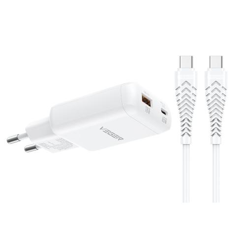 Ładowarka sieciowa do telefonu VEGER USB A + Typ C PD 65W + kabel Typ C do C 100W TR122 biała