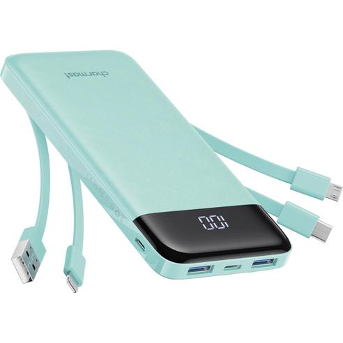 Powerbank 5V 3A 10000 mAh z wbudowanymi kablami USB A / USB C / Lightning / Micro USB Charmast W1148 zielony OINT
