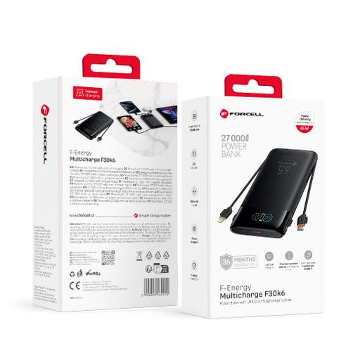 Powerbank Forcell F-Energy Multicharge F30K6 QC PD3.0 3A 65W 27000 mAh z wbudowanymi kablami USB C i Lightning czarny 0int
