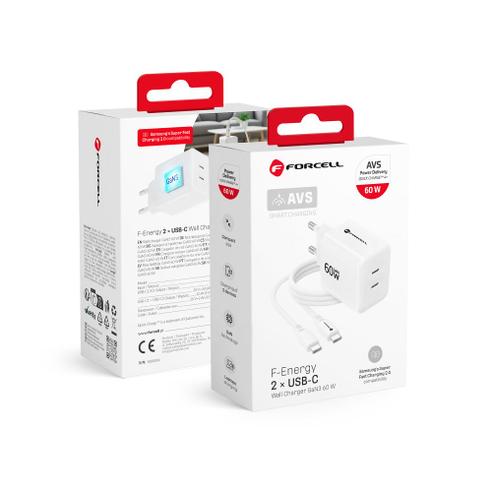 Ładowarka sieciowa do telefonu Forcell F-Energy GaN III Crystal Color 2x USB C AVS SSFC3.0 60W + kabel USB C do USB C VT-60 biała 0INT