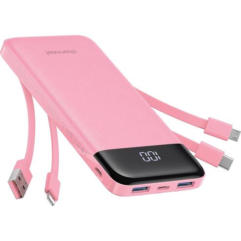 Powerbank 5V 3A 10000 mAh z wbudowanymi kablami USB A / USB C / Lightning / Micro USB Charmast W1148 różowy OINT
