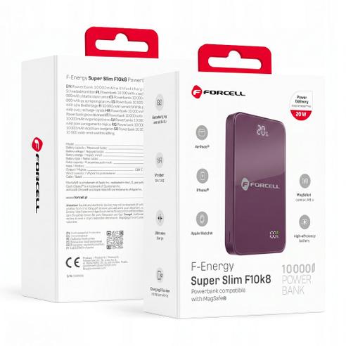 Powerbank zgodny z MagSafe Forcell F-Energy SuperSlim F10K8 QC4.0 PD3.0 15W 10000 mAh wiśniowy 0INT