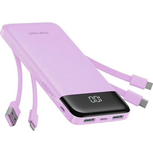 Powerbank 5V 3A 10000 mAh z wbudowanymi kablami USB A / USB C / Lightning / Micro USB Charmast W1148 fioletowy OINT
