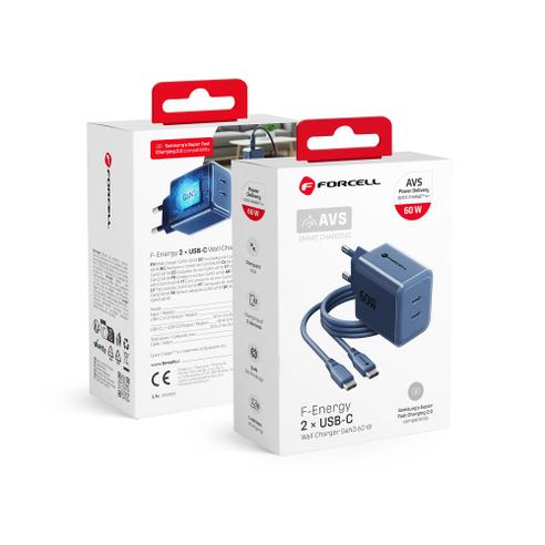 Ładowarka sieciowa do telefonu Forcell F-Energy GaN III Crystal Color 2x USB C AVS SSFC3.0 60W + kabel USB C do USB C VT-60 granatowa 0INT