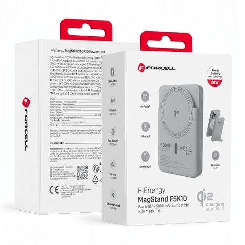 Powerbank zgodny z MagSafe Forcell F-Energy MagStand QI2 F5K10 QC3.0 PD3.0 20W 5000 mAh biały 0INT