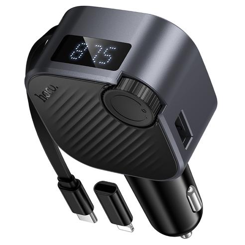 Ładowarka samochodowa Hoco USB A + USB C QC3.0 PD 45W ze zwijanym kablem i transmiterem FM E167 czarny