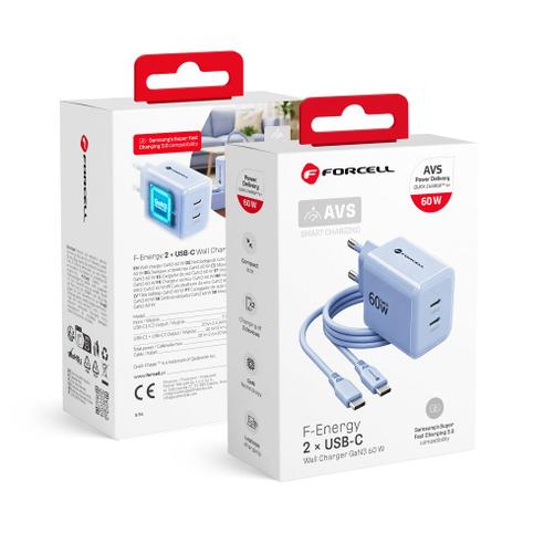 Ładowarka sieciowa do telefonu Forcell F-Energy GaN III Crystal Color 2x USB C AVS SSFC3.0 60W + kabel USB C do USB C VT-60 niebieska 0INT