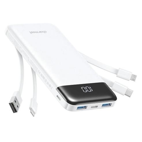 Powerbank Charmast W1148 5V 3A 10000 mAh z wbudowanym kablami USB A / USB C / Lightning / Micro biały