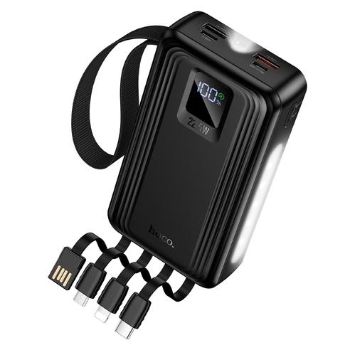 Powerbank 20000 mAh QC PD 22,5W z wbudowanymi kablami USB A + USB C + Lightning + Micro USB oraz dwoma latarkami Hoco J173 czarny