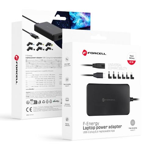 Uniwersalny zasilacz do laptopa 65W Forcell F-Energy USB C + 6 końcówek E856 czarny