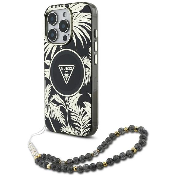 GUESS futerał do IPHONE 16 Pro kompatybilny z MagSafe GUHMP16LHPCTPLSK (IML Palm Trees Triangle W/ Pearl Strap) czarny