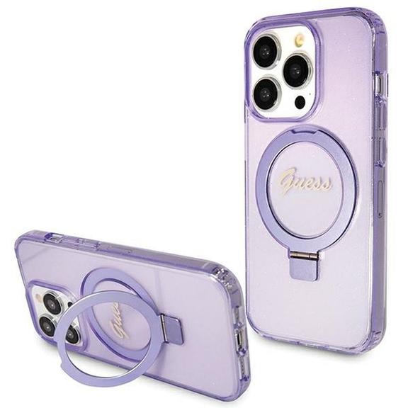 GUESS futerał do IPHONE 15 Pro Max kompatybilny z MagSafe GUHMP15XHRSGSU do iPhone 15 Pro Max (Kompatybilny z Magsafe / Glitter Script Logo / Ring stand / fioletowy)