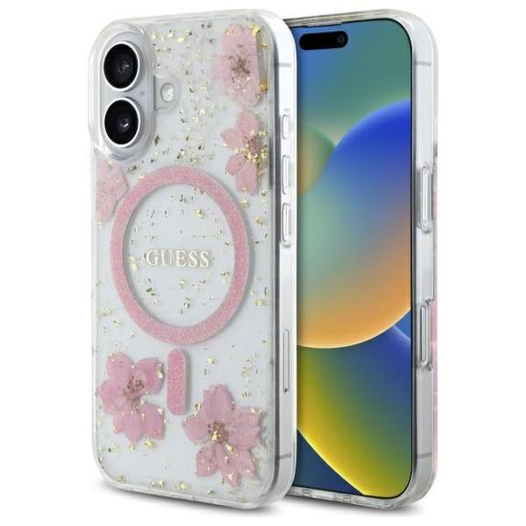 GUESS futerał do IPHONE 16 kompatybilny z MagSafe GUHMP16SRBFGFGMP (Resin Flowers and Glitter) pink
