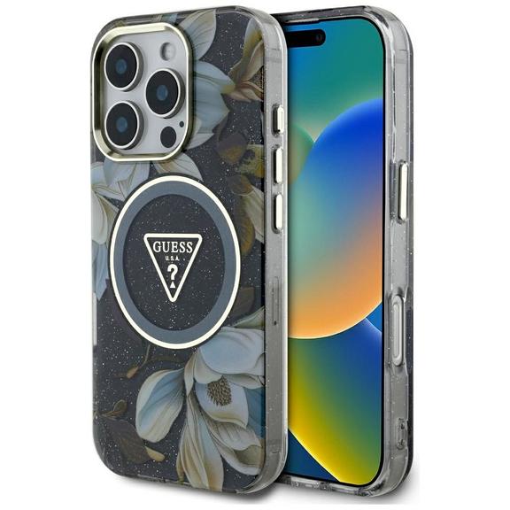 GUESS futerał do IPHONE 16 Pro kompatybyliny z MagSafe GUHMP16LHFLPEDK (IML Metal Glitter Flowers Triangle) czarny