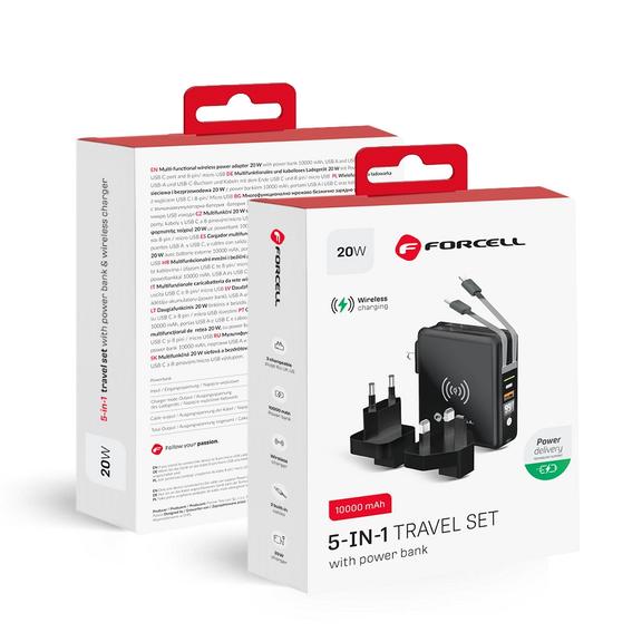 Wielofunkcyjna ładowarka Forcell F-Energy 5w1 USB A + USB C PD 20W + kabel USB C / Lightning + power bank 10000 mAh + ładowanie bezprzewodowe 15W czarna