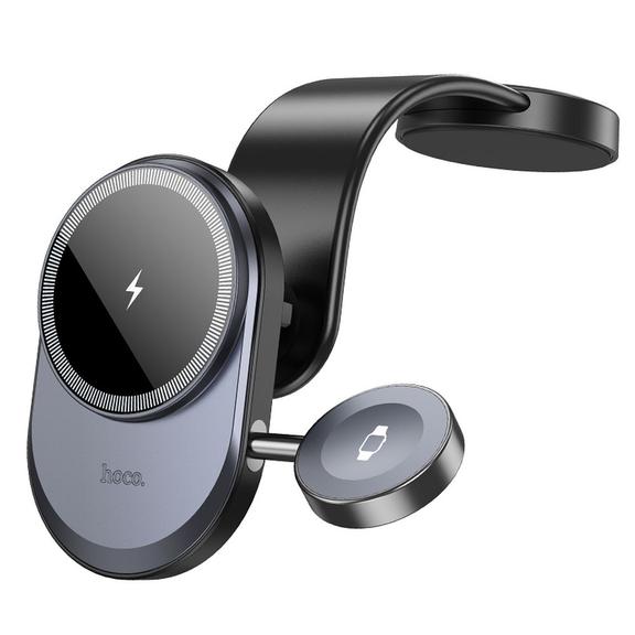 Uchwyt na telefon do samochodu indukcyjny 2w1 Hoco zgodny z MagSafe oraz Apple Watch 15W do deski HW28 czarno szary