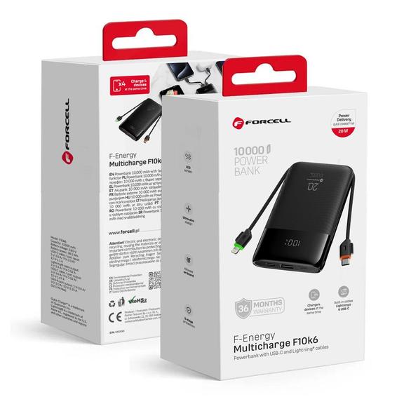 Powerbank Forcell F-Energy Multicharge F10K6 QC PD3.0 3A 22,5W 10000 mAh z wbudowanymi kablami USB C i Lightning czarny
