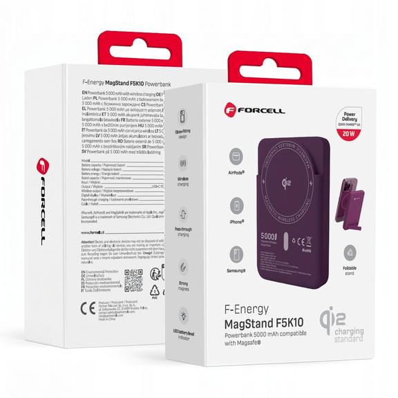 Powerbank zgodny z MagSafe Forcell F-Energy MagStand QI2 F5K10 QC3.0 PD3.0 20W 5000 mAh wiśniowy 0INT