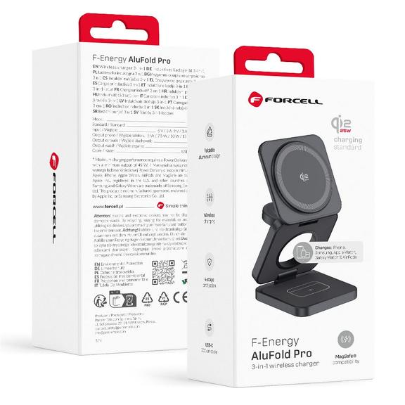 Superszybka ładowarka indukcyjna biurkowa do iPhone i Samsung kompatybilna z MagSafe, Apple Watch, Samsung Watch FORCELL AluFold Pro 3w1 Qi 2.2 25W szary 0INT