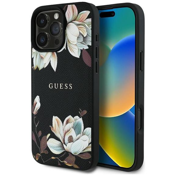 GUESS futerał do IPHONE 16 Pro kompatybilny z MagSafe GUHMP16LPGNMPLMK (PU Grained Flowers Classic Logo) czarny