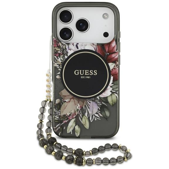 GUESS futerał do IPHONE 17 Pro kompatybilny z MagSafe GUHMP17LHFWBRCESK (IML Flowers with Pearl Strap) czarny