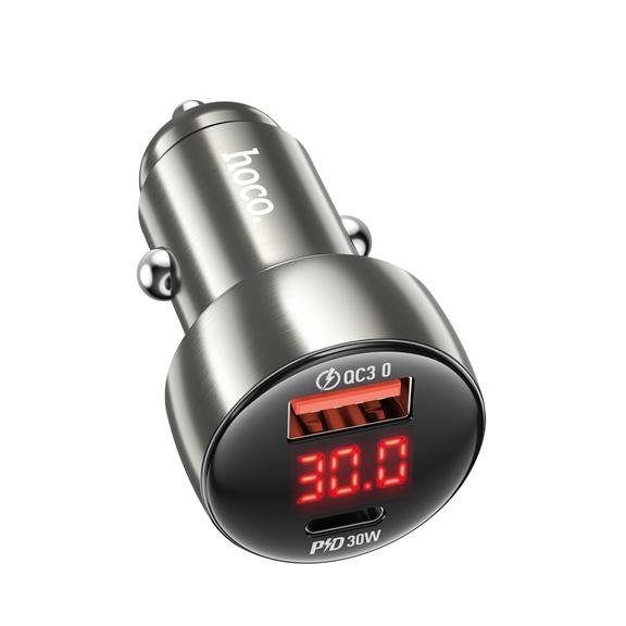 Ładowarka samochodowa Hoco USB A + USB C QC3.0 PD 3A 48W z wyświetlaczem Z50 metal szary