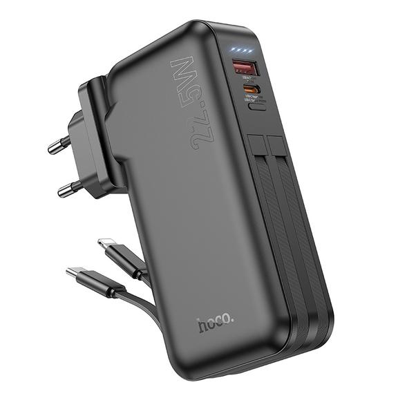 Powerbank Hoco 10000 mAh QC PD 3A 22,5W z wbudowanym gniazdem EU / US i kablami USB C + Lightning J126 czarny