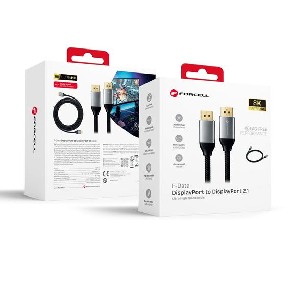 Kabel Display Port do Display Port 2.1 Forcell 16K 60Hz/8K 120Hz/4K 240Hz - High Speed, HDR, Ethernet, G-SYNC/FreeSync, 80Gbps, 2 m czarny