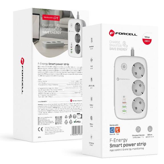 Listwa sieciowa Forcell F-Energy 3 gniazda + USB C 30W + 3 x USB A QC3.0 PD + WiFi Tuya, SmartLife 10A 2500W VT-PS03 biała 0INT