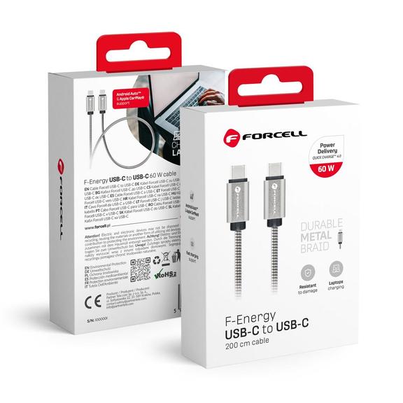 Kabel USB C do USB C Forcell F-Energy QC4.0 PD 3A 66W Metal 2 m C237 srebrny