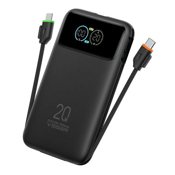 Powerbank Veger Fuerza 10 (W1212B) PD 20W 10000 mAh z wbudowanymi kablami Typ C / Lightning czarny