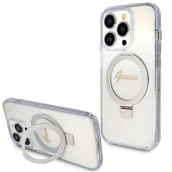 GUESS futerał do IPHONE 15 Pro Max kompatybilny z MagSafe GUHMP15XHRSGSD do iPhone 15 Pro Max (Kompatybilny z Magsafe / Glitter Script Logo / Ring stand / transparent)