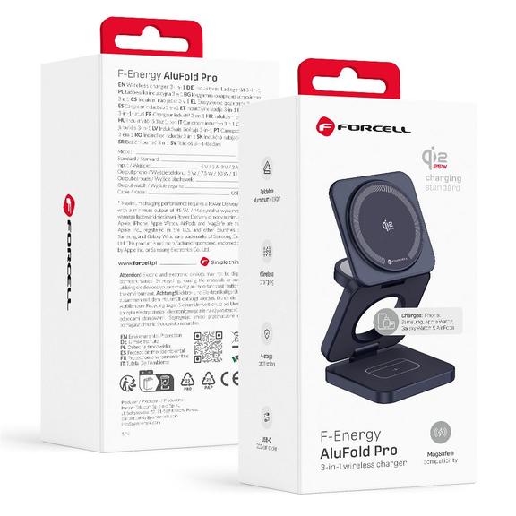 Superszybka ładowarka indukcyjna biurkowa do iPhone i Samsung kompatybilna z MagSafe, Apple Watch, Samsung Watch FORCELL AluFold Pro 3w1 Qi 2.2 25W niebieski 0INT