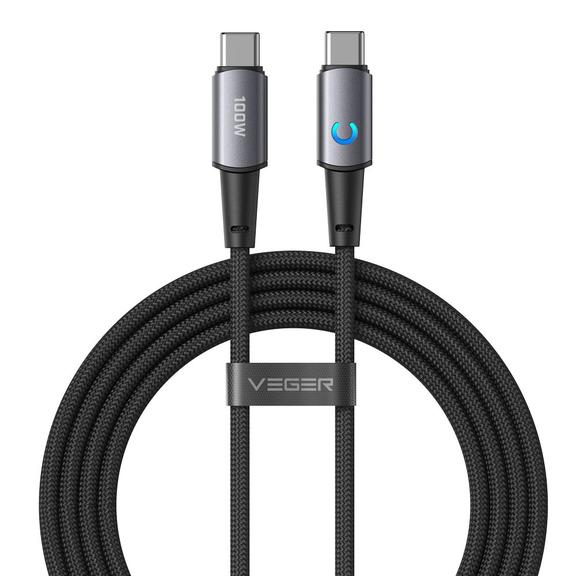 Kabel z diodą LED USB C do USB C VEGER PD 5A 100W 1,5 m CC1-ZSD czarny