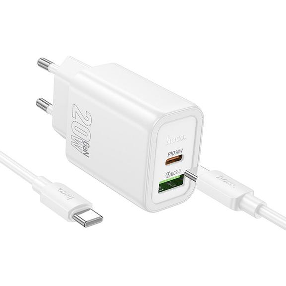 Ładowarka sieciowa do telefonu Hoco USB A + USB C QC3.0 PD 3A 20W + kabel USB C do USB C N61 biała