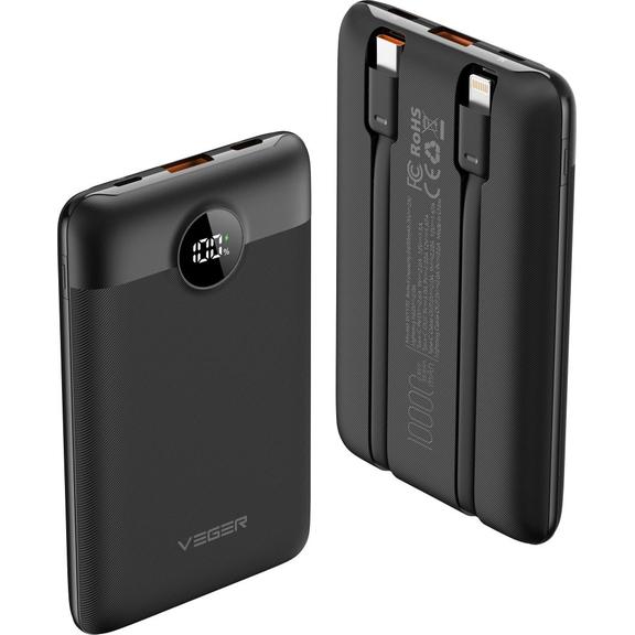 Powerbank Veger C11 (W1170) PD QC3.0 2A 22,5W 10000 mAh z wbudowanymi kablami USB C / Lightning czarny 0INT