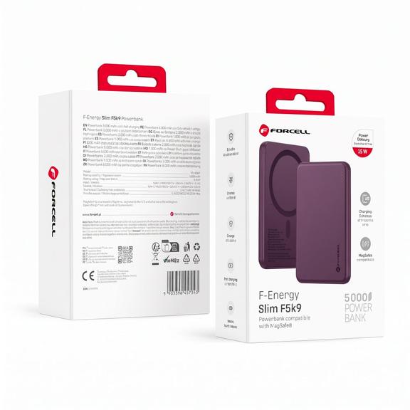 Powerbank zgodny z MagSafe Forcell F-Energy Slim F5K9 QC4.0 PD3.0 15W 5000 mAh wiśniowy  0INT