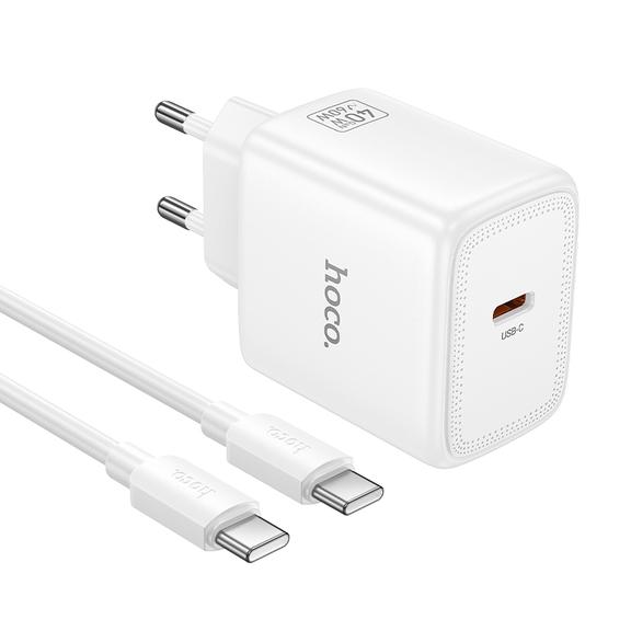 Ładowarka sieciowa GaN do telefonu Hoco USB C PD AVS 40W max 60W + kabel USB C do USB C N83 biała