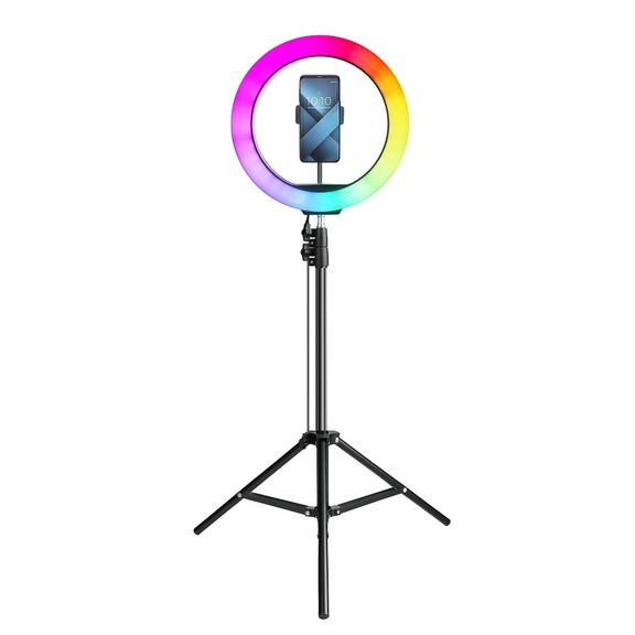 Lampa LED Ring Stream RGB pierścieniowa 12" FULL COLOR z uchwytem na telefon + statyw czarna