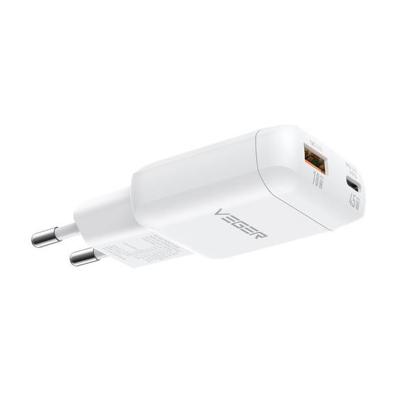 Ładowarka sieciowa do telefonu VEGER USB A + Typ C PD 45W + kabel Typ C do C 100W TR121 biała