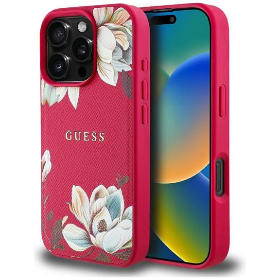 GUESS futerał do IPHONE 16 Pro Max kompatybilny z MagSafe GUHMP16XPGNMPLMF (PU Grained Flowers Classic Logo) fuksja