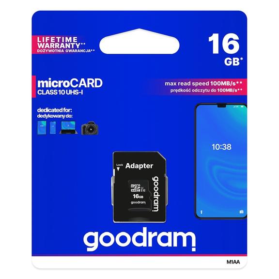 GOODRAM karta pamięci microSD 16GB 100MB/s class 10 UHS I z adapterem SD