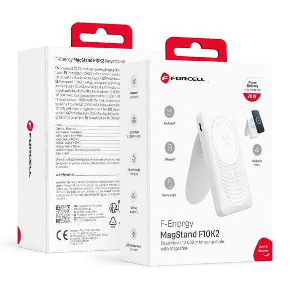 Powerbank zgodny z MagSafe Forcell F-Energy MagStand F10K2 QC3.0 PD 5A 20W 10000 mAh biały
