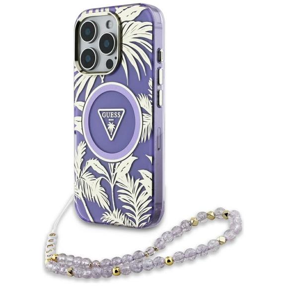 GUESS futerał do IPHONE 16 Pro Max kompatybilny z MagSafe GUHMP16XHPCTPLSU (IML Palm Trees Triangle W/ Pearl Strap) fioletowy