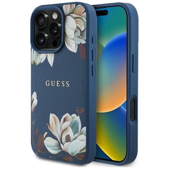 GUESS futerał do IPHONE 16 Pro kompatybilny z MagSafe GUHMP16LPGNMPLMB (PU Grained Flowers Classic Logo) niebieski