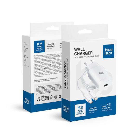 Ładowarka sieciowa do telefonu Blue Star USB C QC3.0 PD 3A 18W + kabel USB C do Lightning TFK-TC-1099C biała