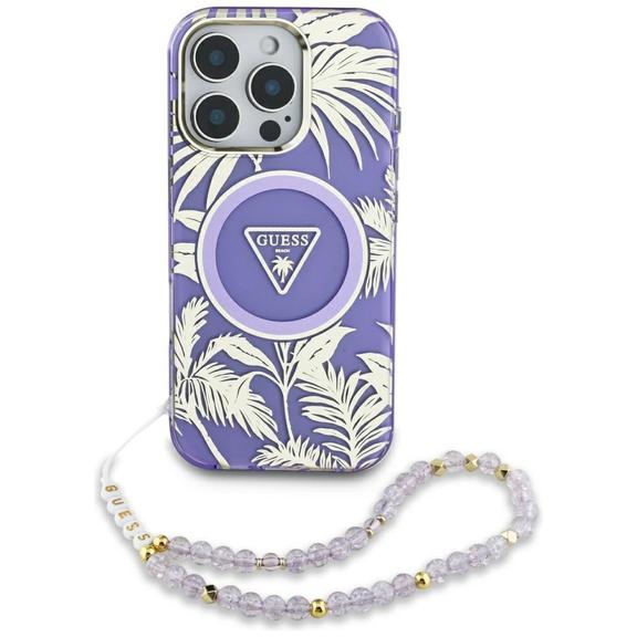GUESS futerał do IPHONE 16 kompatybilny z MagSafe GUHMP16SHPCTPLSU (IML Palm Trees Triangle W/ Pearl Strap) fioletowy